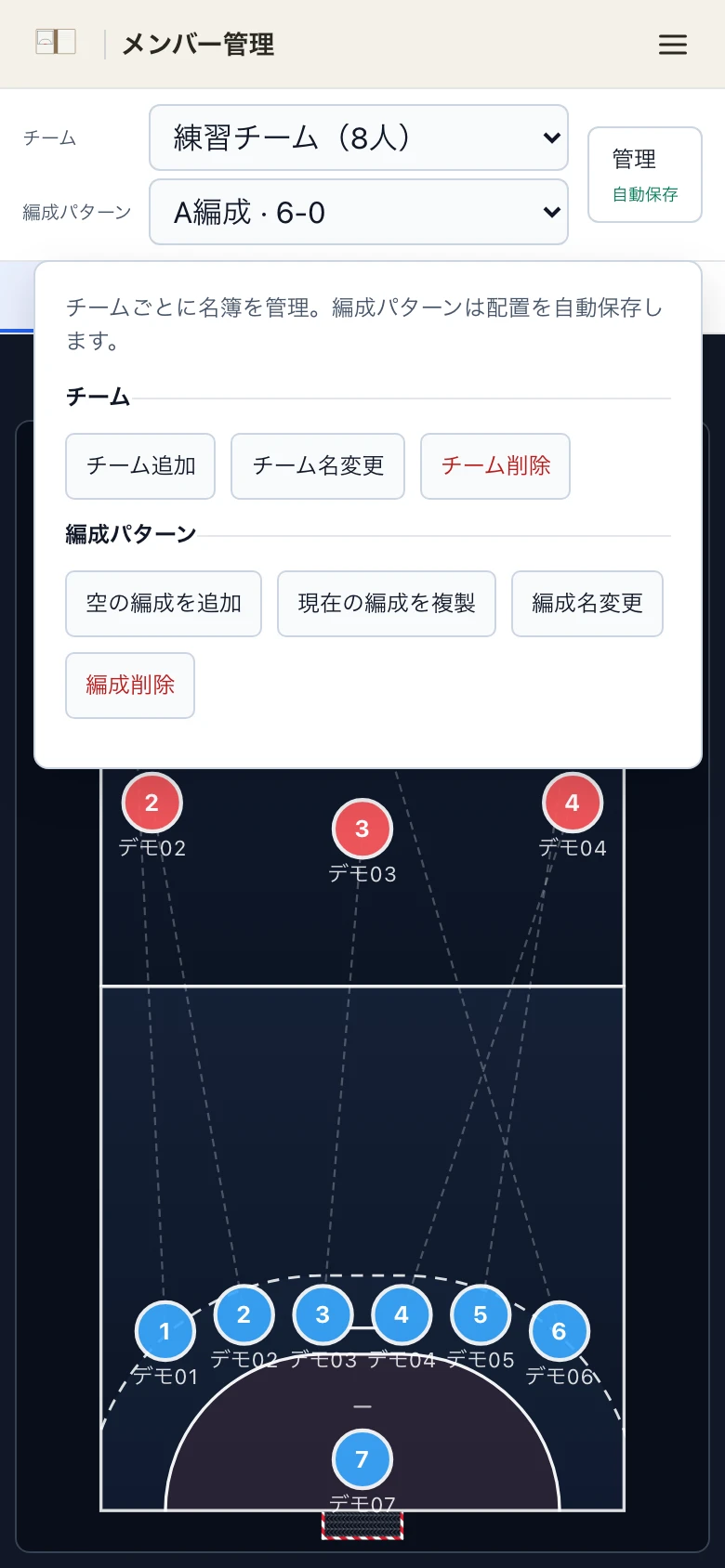 スマホの管理画面。チームの追加・名前変更と、編成の追加・複製・名前変更を選べます。