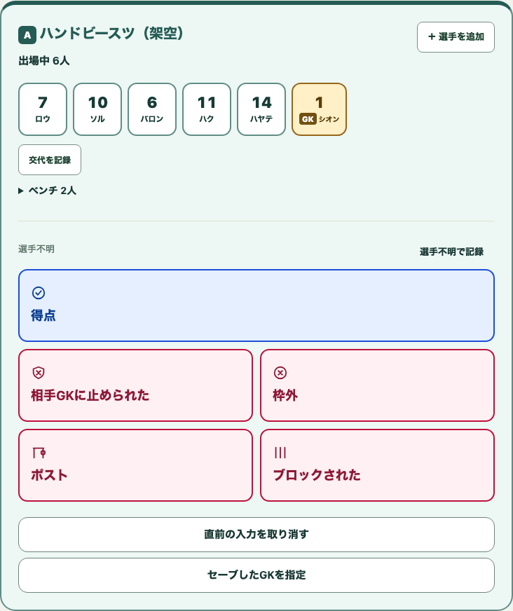 架空チームの実際の記録画面。選手を選び、得点などの結果ボタンで入力します。